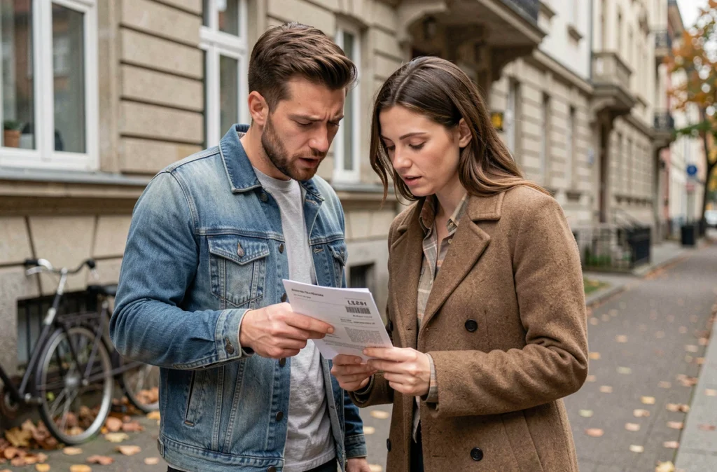 Couple de locataires comparant des offres de location meublée devant un immeuble résidentiel