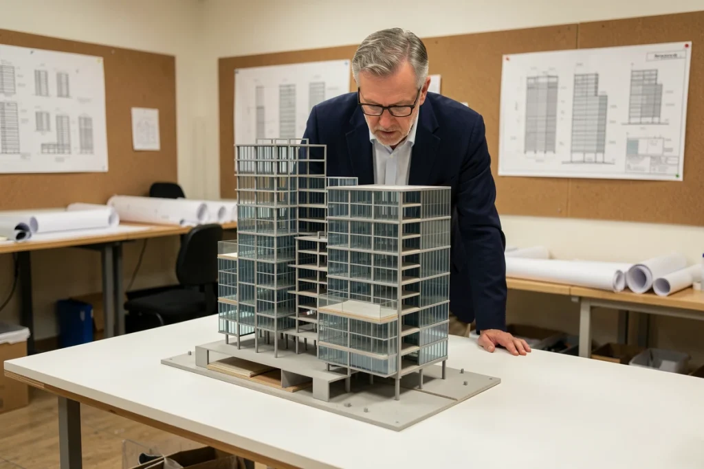 Architecte examinant une maquette détaillée d'un gratte-ciel en cours d'évolution dans un studio d'architecture professionnel