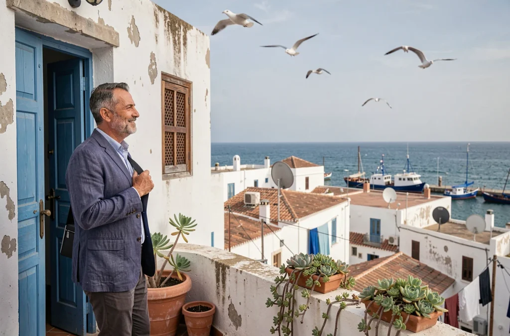 Nomade numérique masculin sur une terrasse d'Essaouira avec vue sur la médina et l'océan Atlantique
