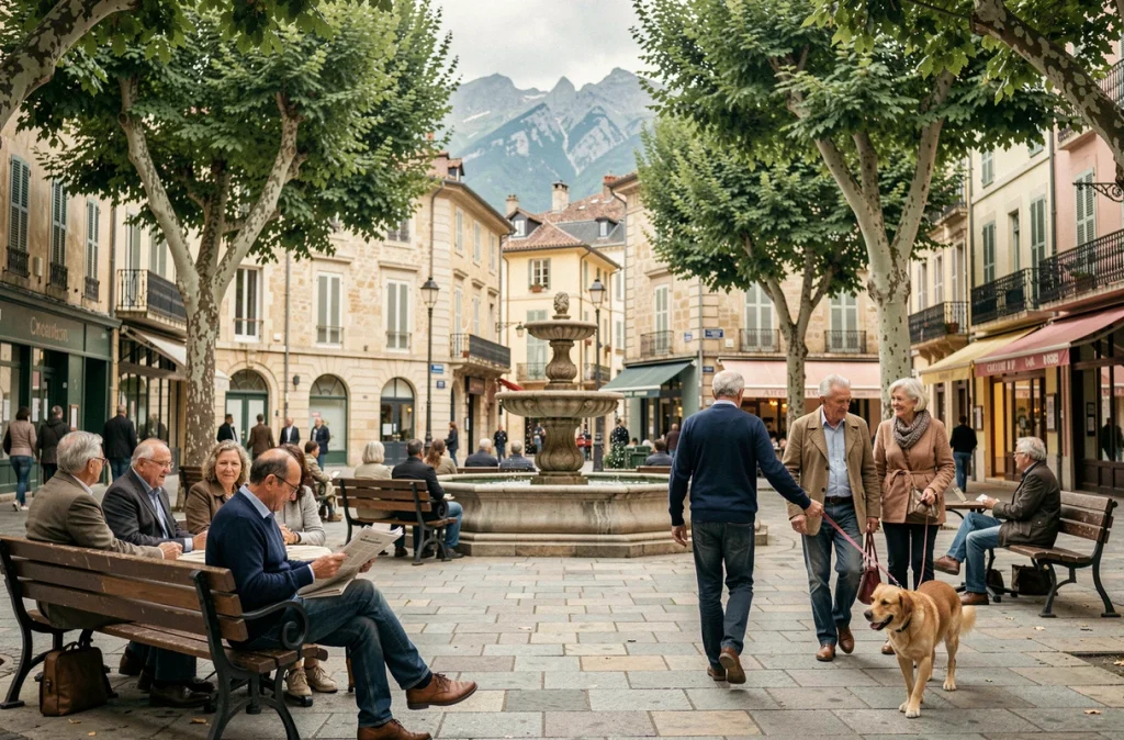 Place de quartier animée et conviviale à Chambéry avec des résidents locaux
