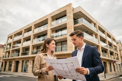 Couple de jeunes professionnels examinant les plans d'un programme immobilier neuf à Bordeaux éligible loi Pinel