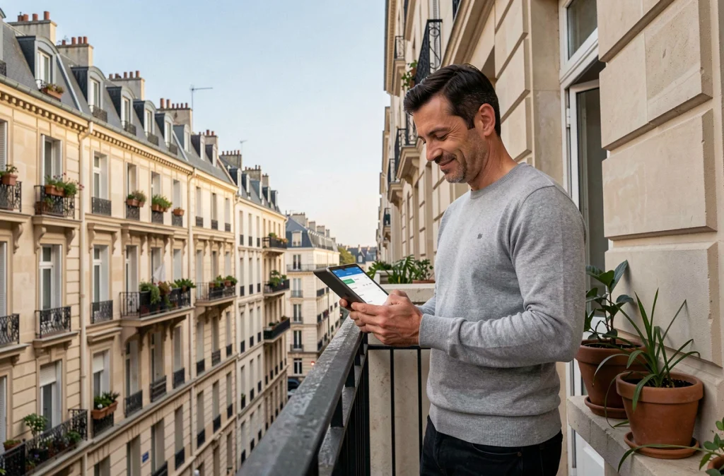 Propriétaire bailleur satisfait consultant son application de gestion locative sur une tablette depuis le balcon de son appartement