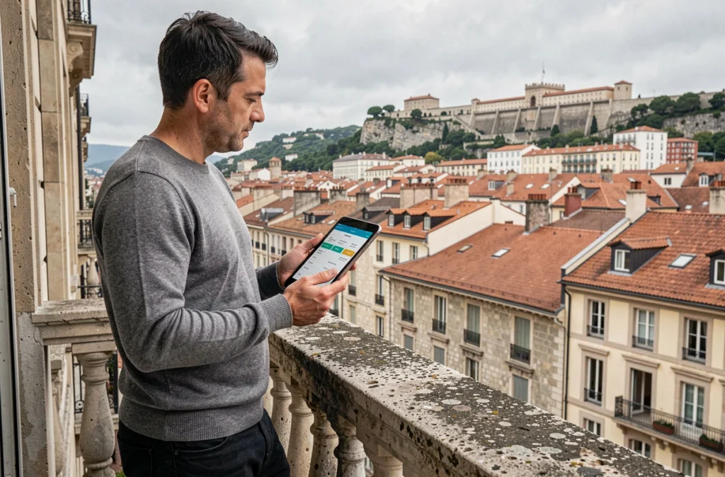 Propriétaire sur balcon lyonnais consultant une comparaison de prix de loyers à Lyon sur tablette avec vue sur les toits