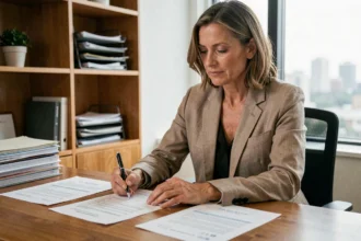 Propriétaire étudiant un contrat de location meublée à durée déterminée dans son bureau à domicile