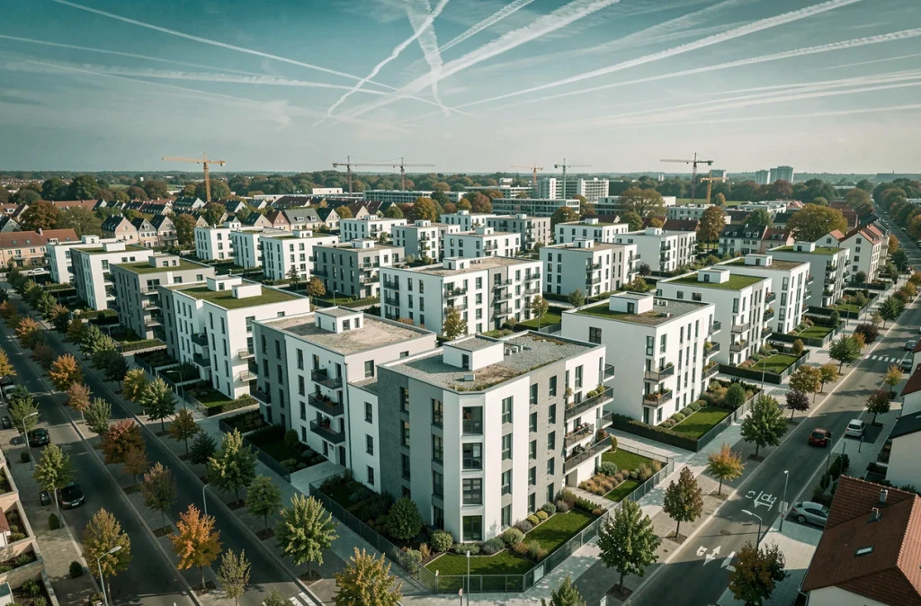 Vue panoramique d'un nouveau quartier résidentiel en développement dans la métropole bordelaise avec programmes immobiliers neufs