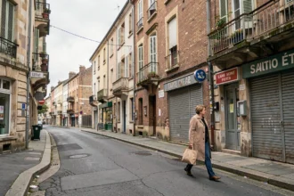Rue animée d'un quartier populaire de Saint-Étienne avec commerces de proximité et immeubles anciens aux façades patinées