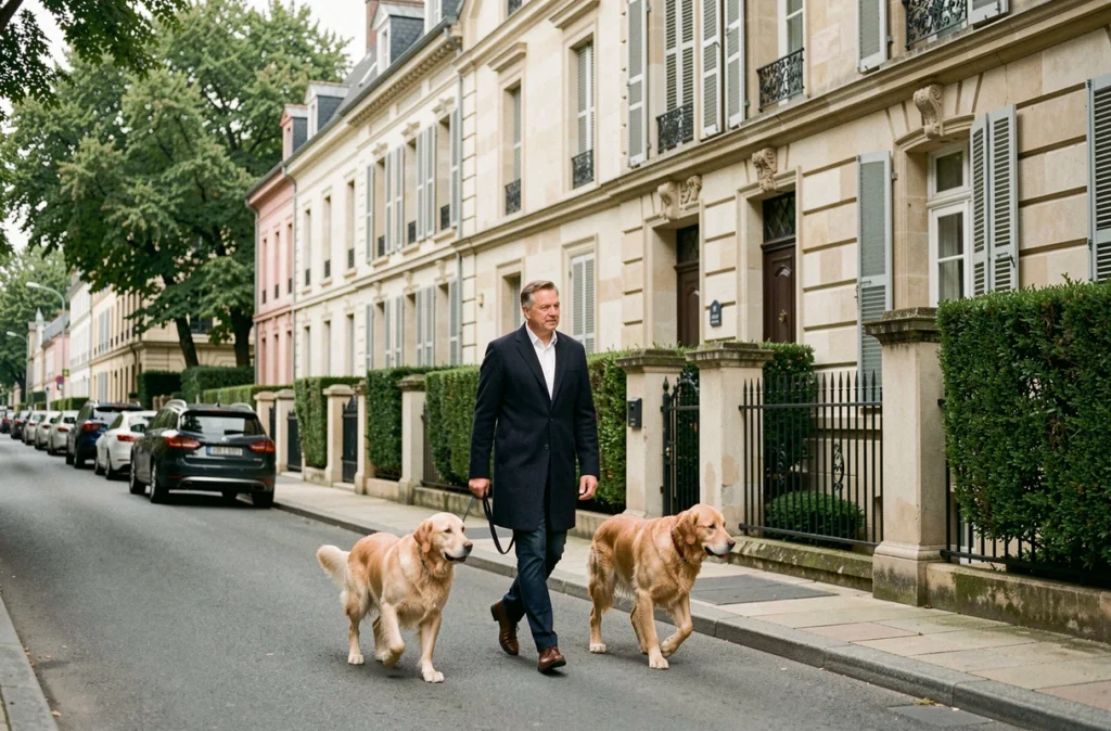 Homme promenant son chien dans un quartier résidentiel huppé de Saint-Étienne avec maisons bourgeoises et rues calmes