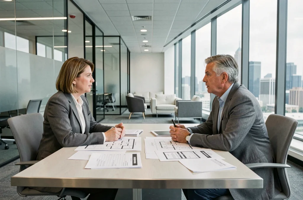 Conseillère immobilière et investisseur discutant des avantages fiscaux de la nue-propriété en agence
