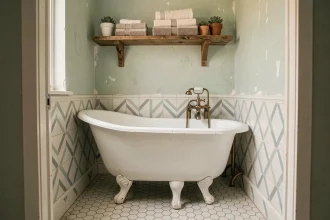 Salle de bains ancienne modernisée avec baignoire sur pieds repeinte, robinetterie dorée et adhésif carrelage géométrique
