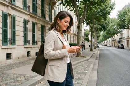 Femme active travaillant à Paris et vivant dans une ville calme d'Île-de-France, tenant un sac d'ordinateur dans une rue résidentielle paisible