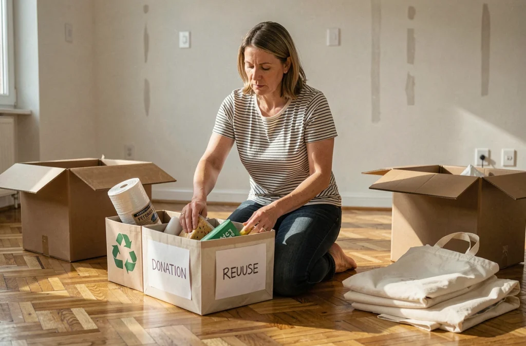 Femme triant ses affaires dans des bacs de recyclage et de don lors d'un déménagement responsable