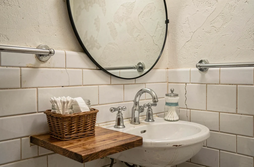 Vasque ancienne avec miroir rond moderne et étagère en bois dans une salle de bains rénovée sans travaux lourds