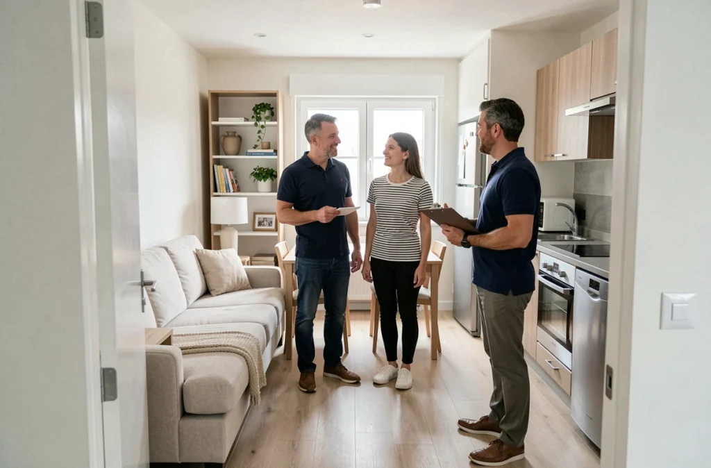 Couple visitant un appartement meublé en résidence longue durée avec un agent immobilier