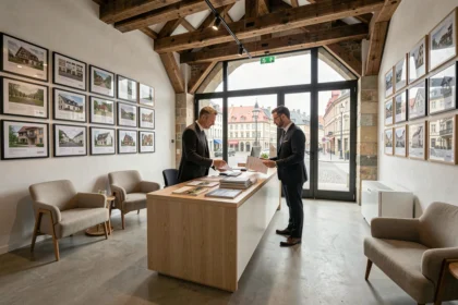 Agent immobilier en costume dans une agence moderne du Grand Est, avec des annonces immobilières encadrées et une architecture alsacienne visible en arrière-plan