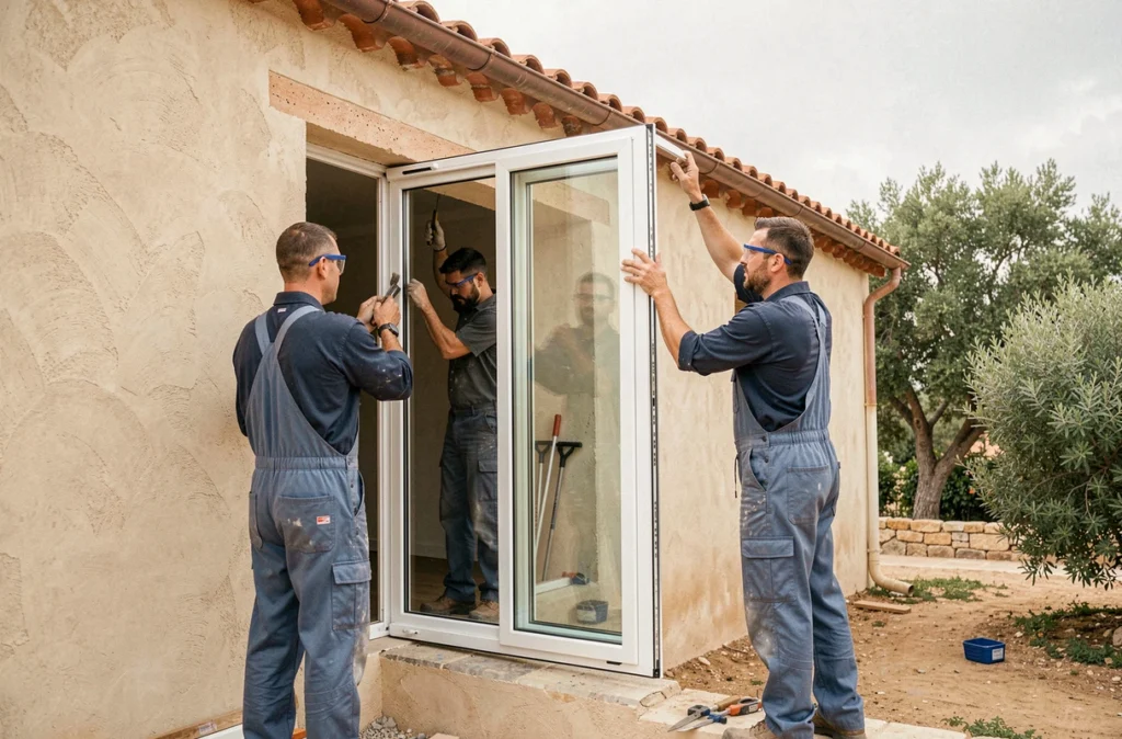 Deux ouvriers d'Azur Construction Rénovation posant une fenêtre triple vitrage sur une villa provençale en cours de rénovation