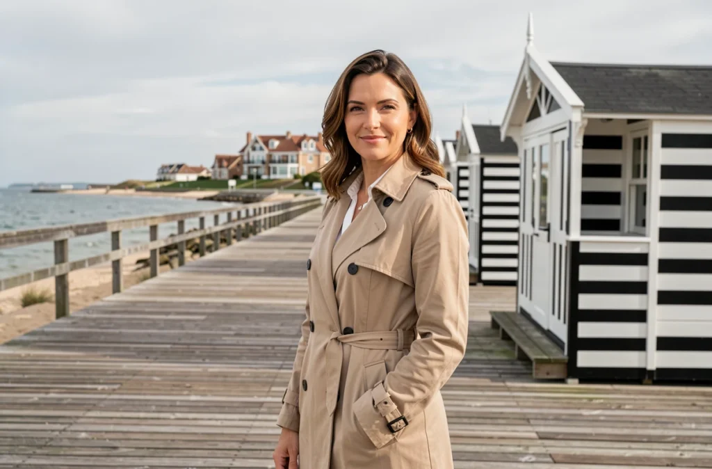 Agente immobilière de BARNES Deauville sur la promenade des planches avec les célèbres cabines de plage