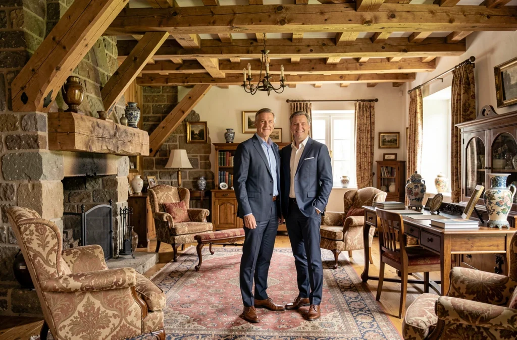 Couple dans un manoir normand au cachet authentique illustrant l'agence BONAPARTE Art de Vivre