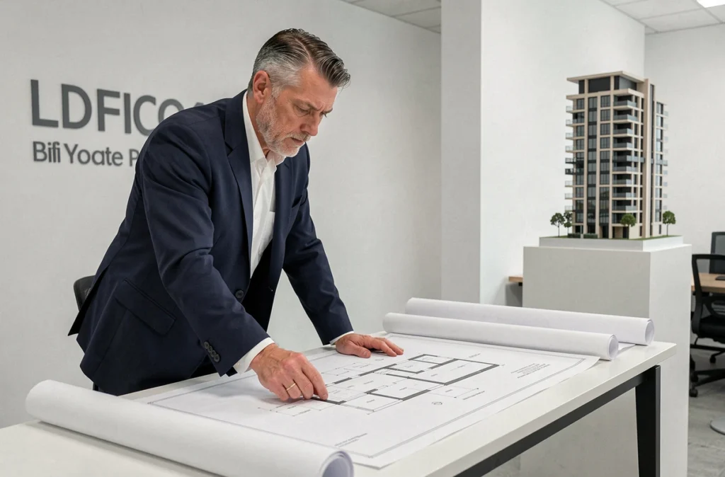Architecte de Bouygues Immobilier examinant des plans d'un projet résidentiel moderne