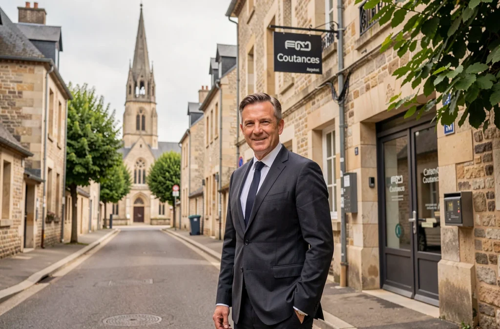 Agent immobilier du Cabinet Faudais devant une agence en pierre à Coutances en Normandie