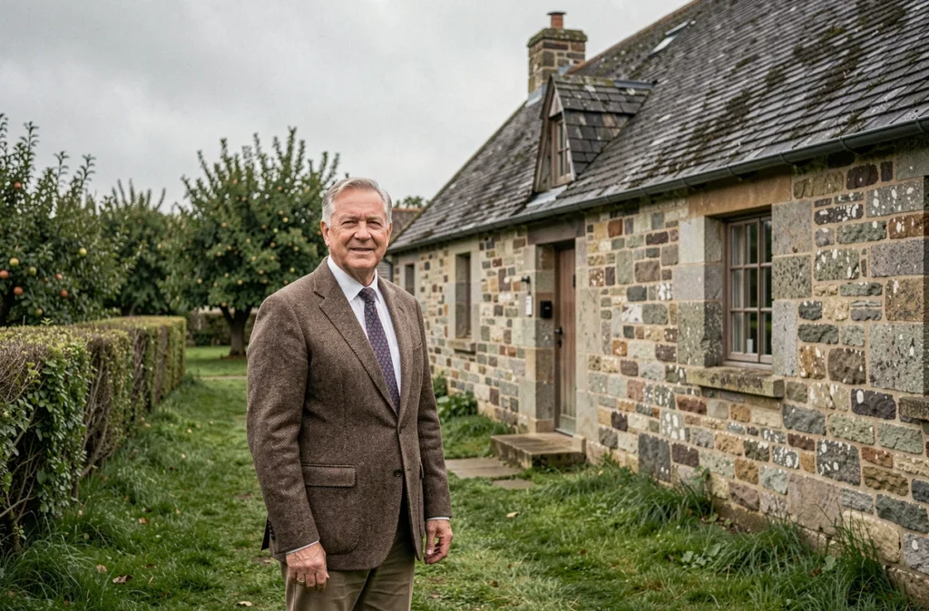 Agent du Cabinet Quesnée Immobilier devant une longère normande en pierre dans la campagne normande