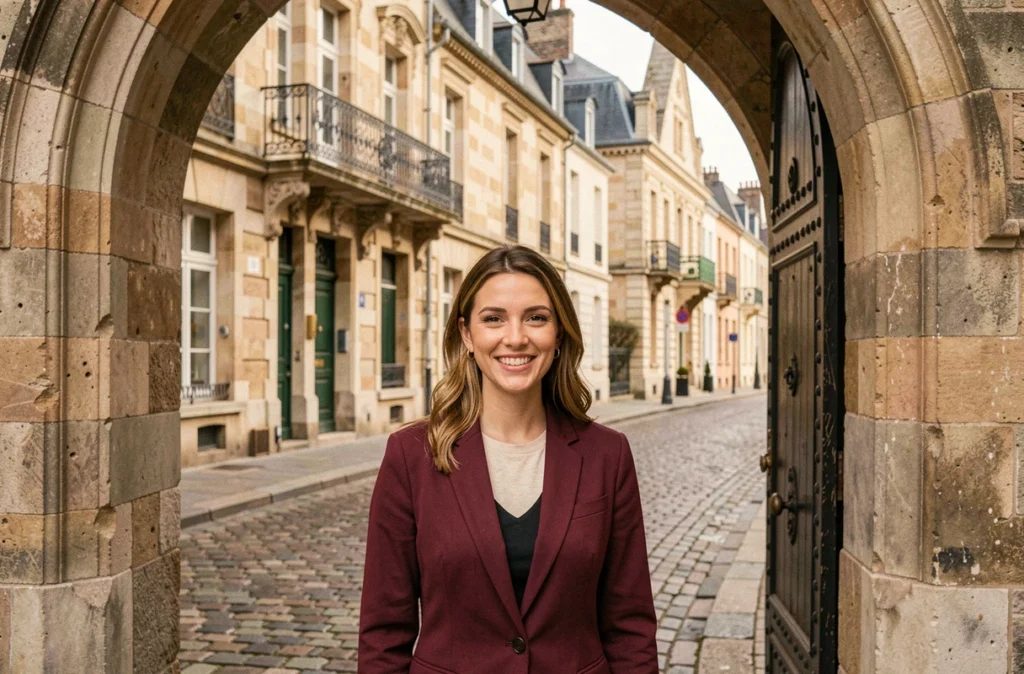 Agente de Citya Jeanne D'Arc Caen à l'entrée d'un immeuble historique en pierre de Caen