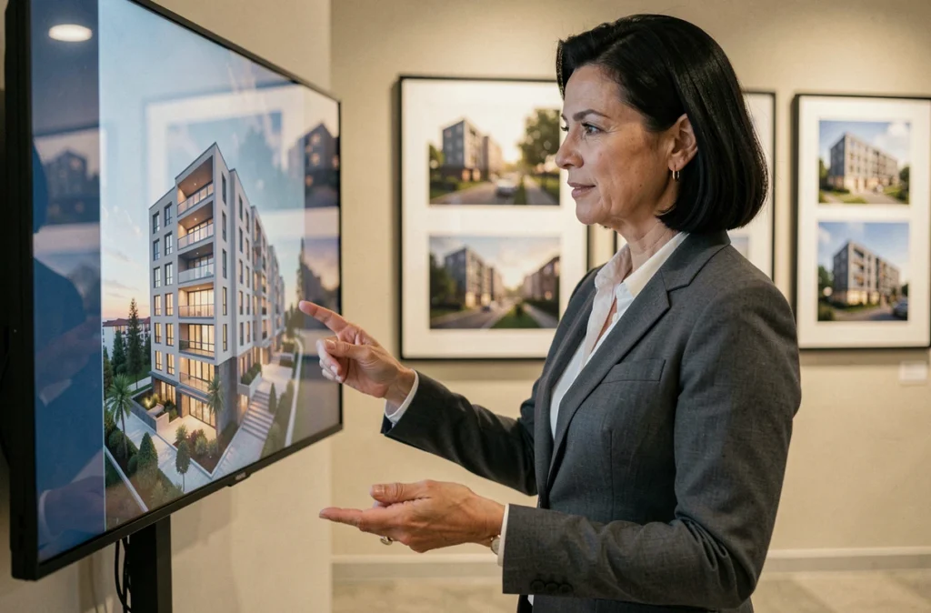 Conseillère Cogedim présentant un projet d'appartements de luxe sur écran tactile