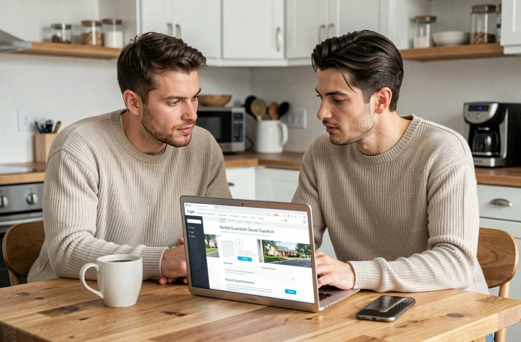 Couple consultant un service de garantie loyer en ligne sur ordinateur portable, évaluant les options de caution locative comme Garantme