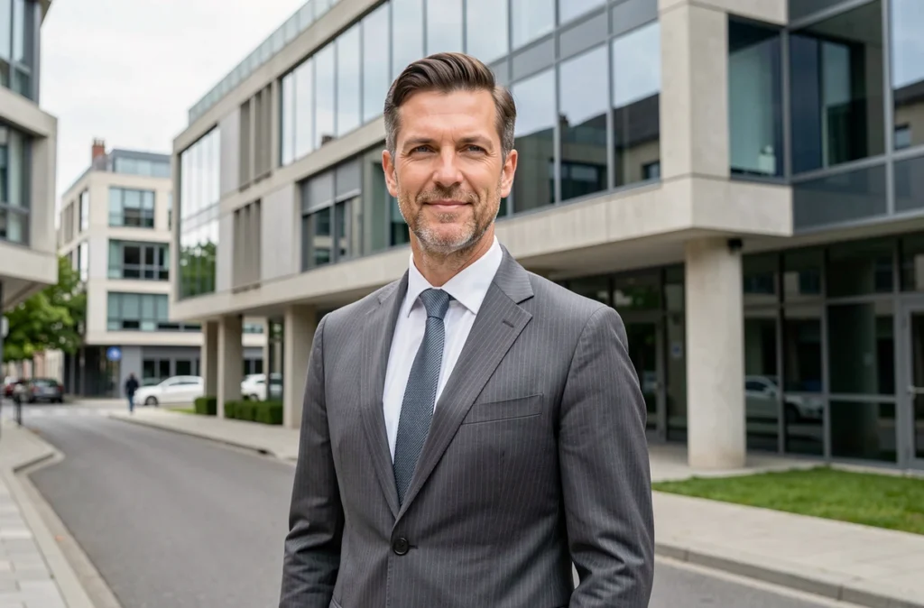Agent immobilier de Courteam Caen devant un immeuble moderne dans le centre-ville de Caen