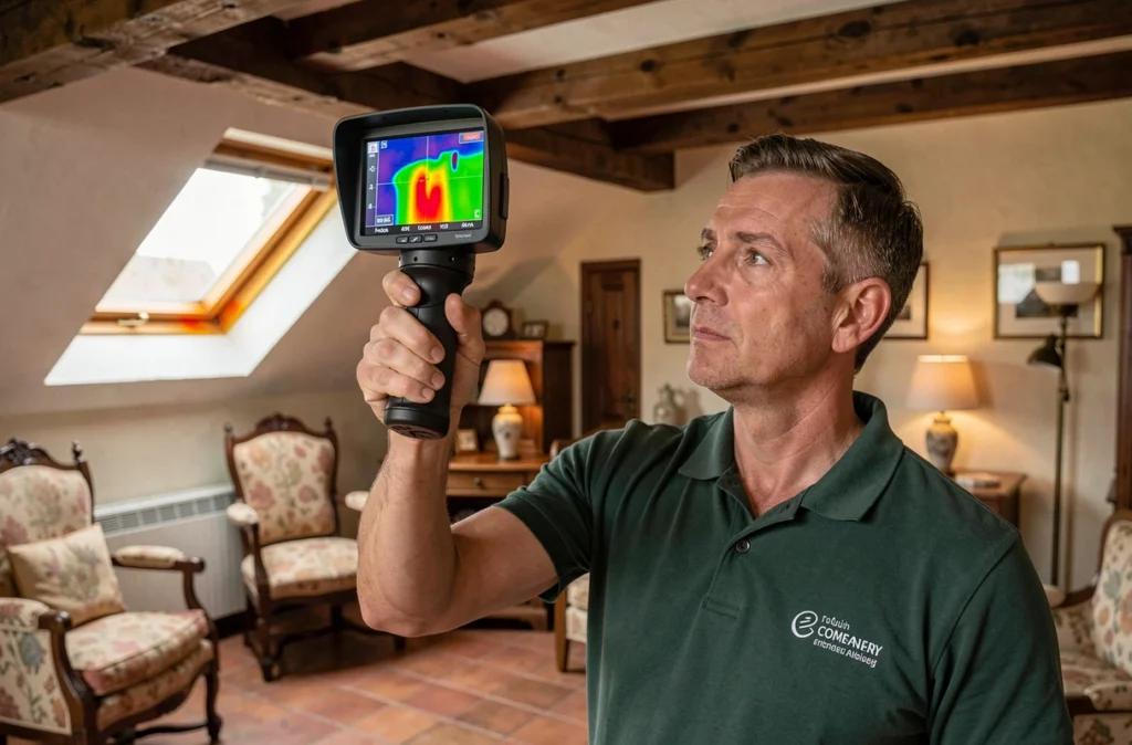 Auditeur énergétique d'EGBN Rénovation réalisant un diagnostic thermique avec caméra infrarouge dans un logement des Alpes-Maritimes