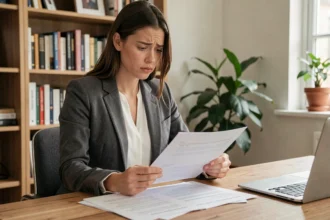 Jeune femme examinant un contrat de garantie locative à son bureau, représentant les démarches pour obtenir une garantie loyer avec Garantme