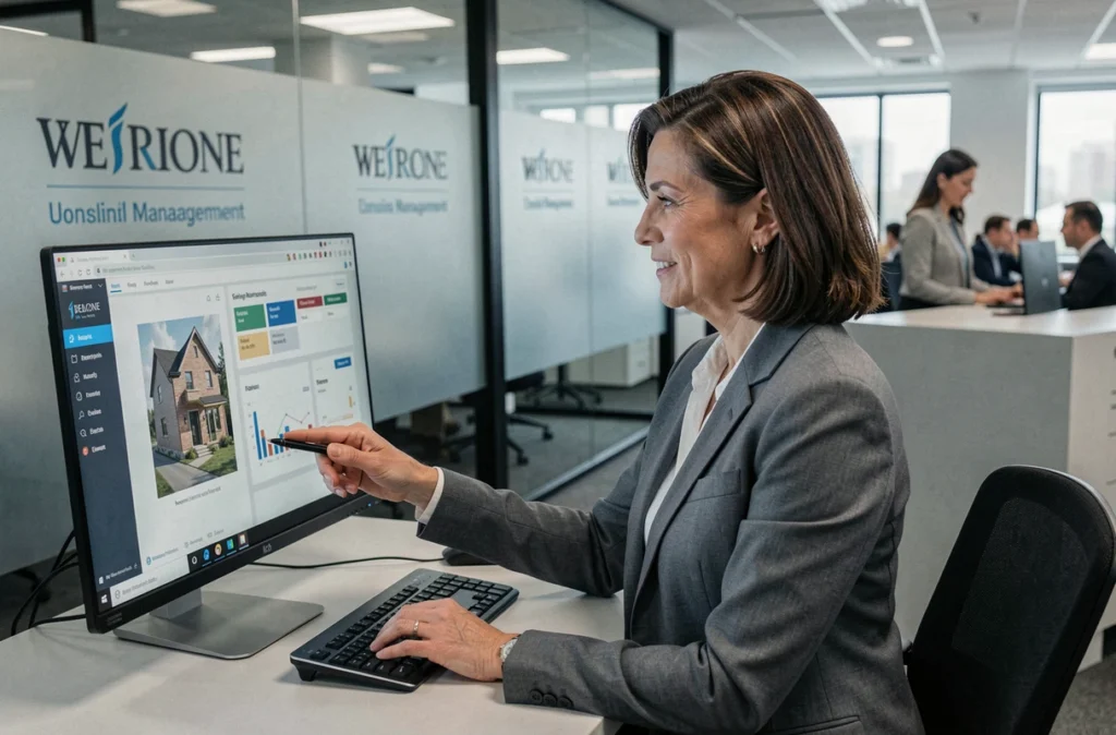 Directrice d'agence examinant un tableau de bord de gestion locative dans un bureau Foncia du Grand Est