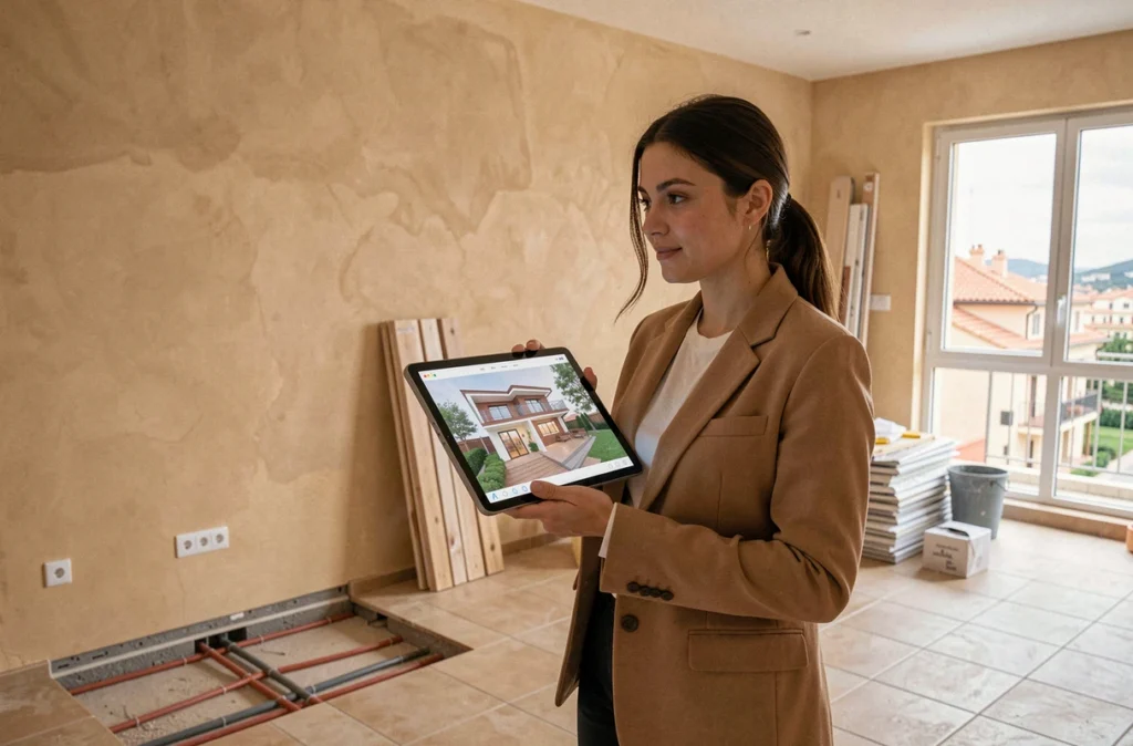 Cheffe de projet hemea supervisant la rénovation d'un appartement à Nice avec visualisation 3D sur tablette