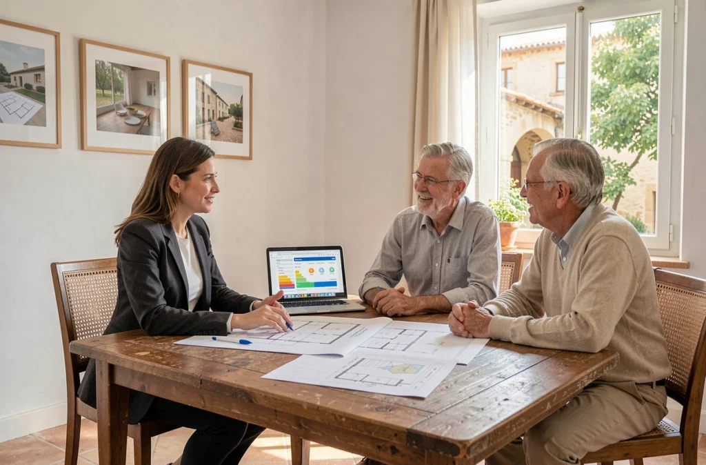 Consultante de HRC présentant un devis de rénovation énergétique à un couple de propriétaires dans un bureau des Alpes-Maritimes