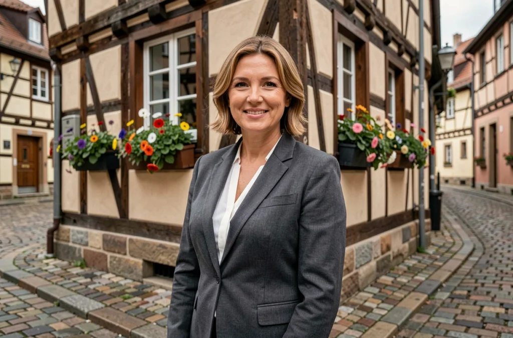 Agente immobilière devant une maison à colombages alsacienne, représentant l'agence Immobilière Zimmermann à Strasbourg