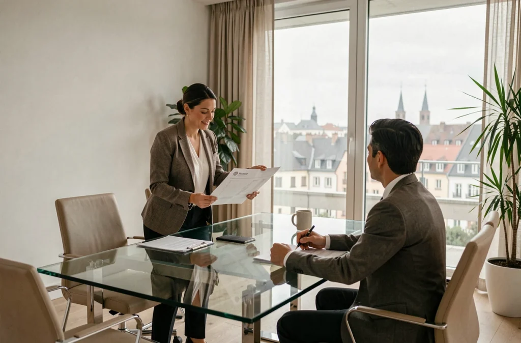 Consultante immobilière présentant un rapport d'évaluation à des clients dans une agence moderne, représentant Immoval