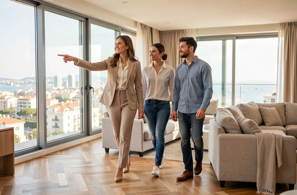 Agent Marignan faisant visiter un appartement modèle avec vue sur Marseille à un couple