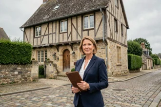 Agente immobilière devant une maison normande à colombages, représentant les meilleurs agents immobiliers de Normandie