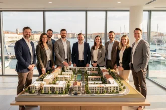Équipe de promoteurs immobiliers autour d'une maquette architecturale avec vue sur le Vieux-Port de Marseille