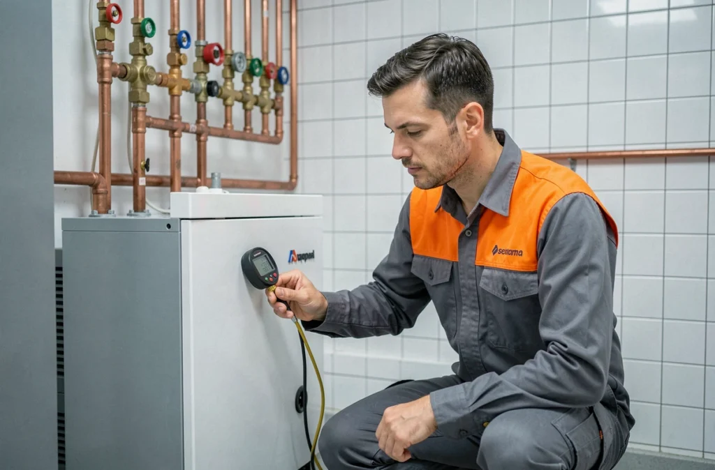 Technicien de MyProGaz installant une chaudière à condensation moderne dans une salle technique résidentielle