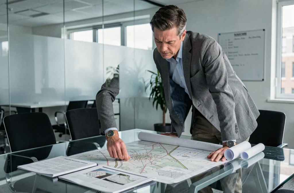 Urbaniste Nacarat étudiant des plans de projets immobiliers sur une table de réunion