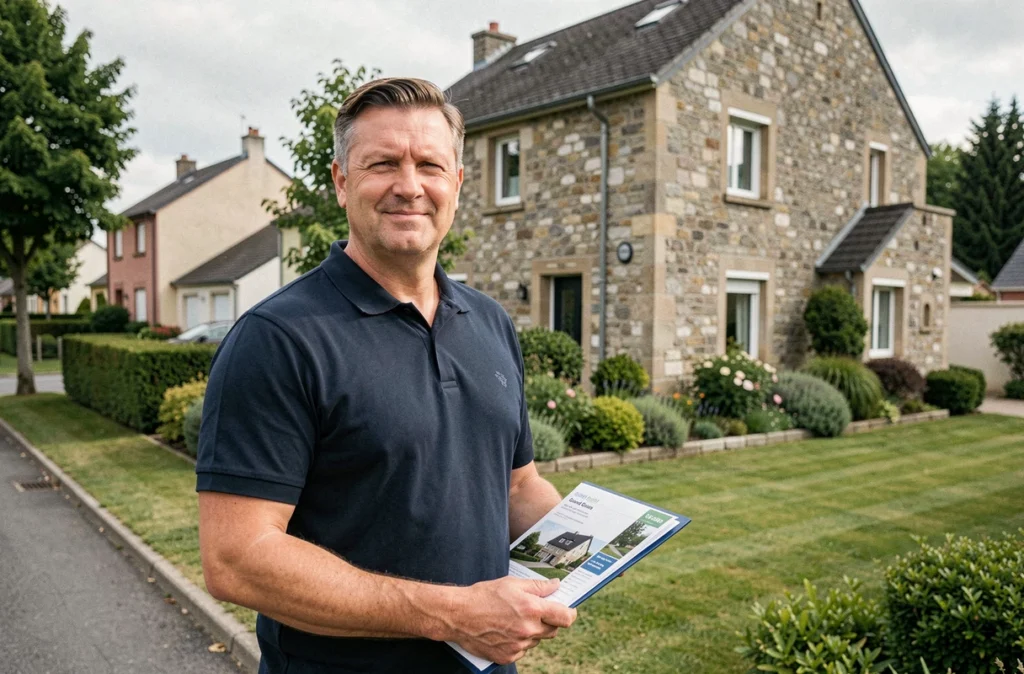 Agent immobilier devant une maison individuelle en banlieue du Grand Est, représentant Orpi Grand Est