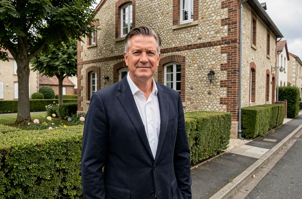 Agent immobilier de Pascal Blot Immobilier devant une maison normande en brique et silex à Caen