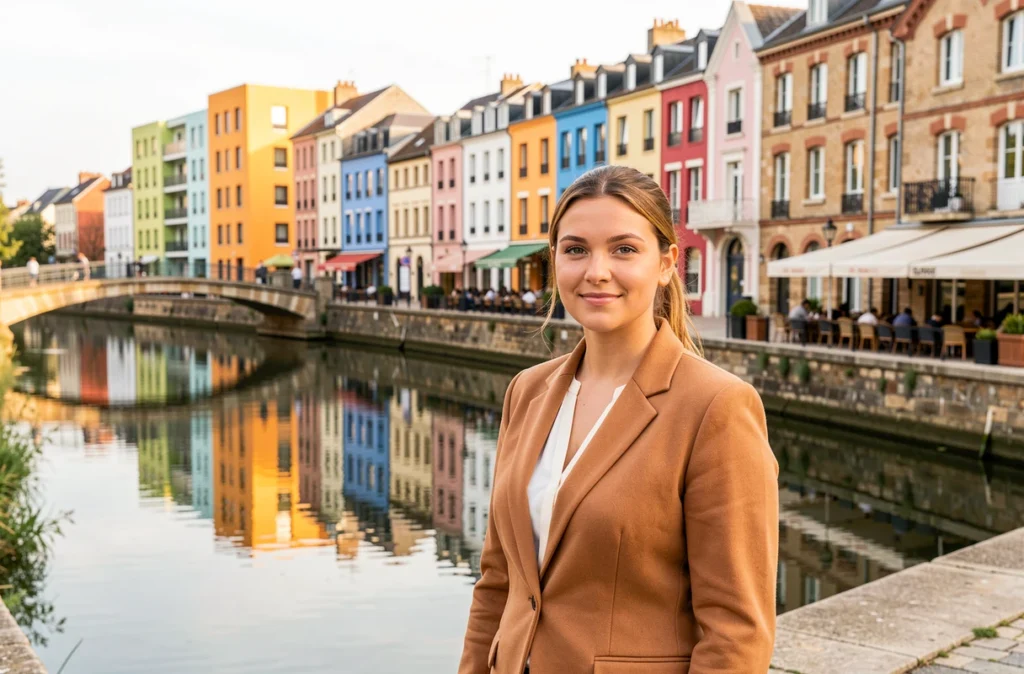Agente de La Petite Agence Caen Rive Gauche au bord de l'Orne avec les bâtiments colorés du quartier