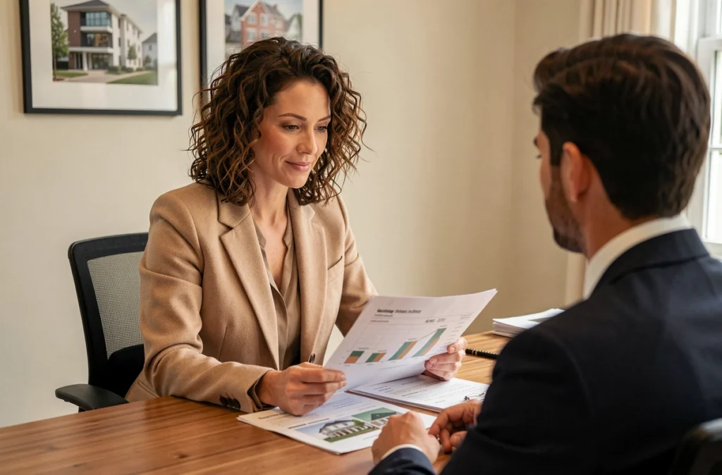 Consultante Pitch Immo en entretien avec un client investisseur dans un bureau moderne