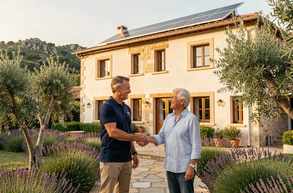 Expert certifié de Plus que pro Alpes-Maritimes serrant la main de propriétaires satisfaits devant leur villa rénovée près de Cannes