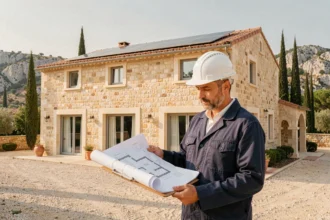 Entrepreneur en rénovation énergétique inspectant une maison rénovée dans les Alpes-Maritimes avec panneaux solaires et nouvelles fenêtres