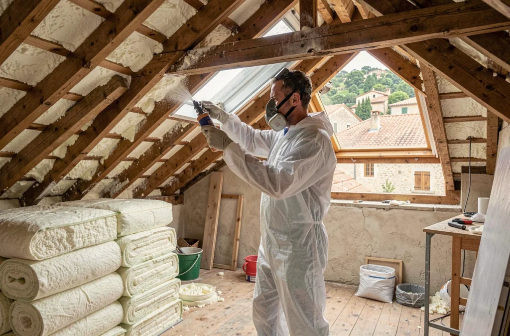 Technicien de Renovisolation appliquant une mousse isolante dans les combles d'une maison provençale en cours de rénovation thermique