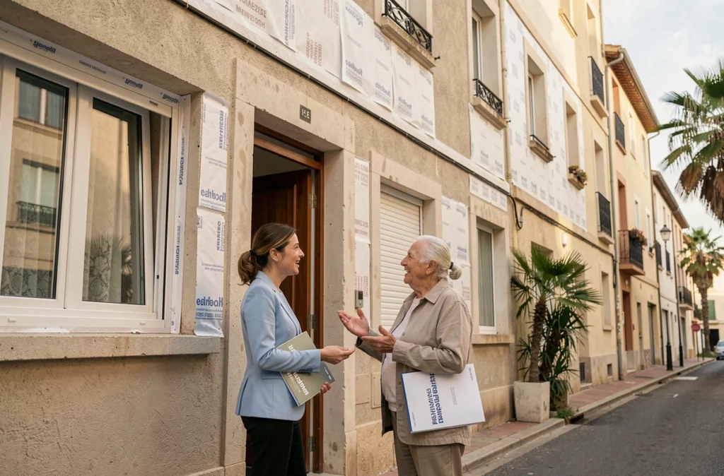 Conseillère de SOLIHA Alpes-Maritimes accompagnant un habitant lors d'un projet de rénovation énergétique dans un immeuble résidentiel