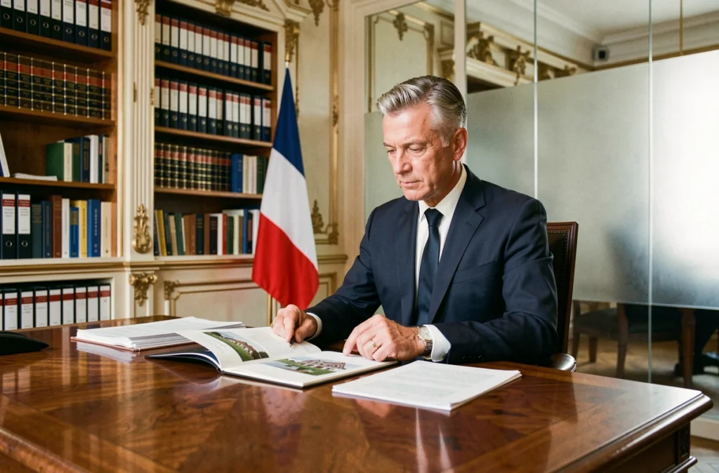 Professionnel de l'immobilier en costume marine à son bureau dans une agence haut de gamme, représentant Union Foncière de France
