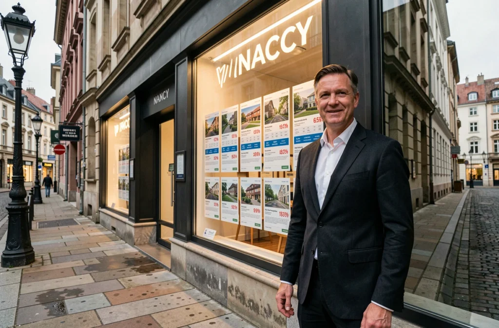 Agent immobilier devant la vitrine illuminée d'une agence moderne dans une rue Art Nouveau de Nancy, représentant XL Immobilier Nancy